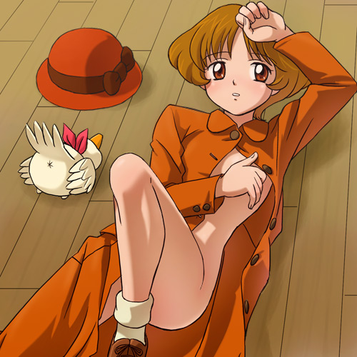 haruyama kazunori, mabel west, oliver west, agatha christie no meitantei poirot to marple, character request, lowres, 1boy, 1girl, bird, bobby socks, cloaca, coat, convenient censoring, covering breasts, covering privates, dress, female focus, hat, indoors, looking at viewer, lying, no bra, no panties, on floor, parted lips, red hat, shoes, short hair, socks, solo, unbuttoned, unworn hat, unworn headwear, wooden floor