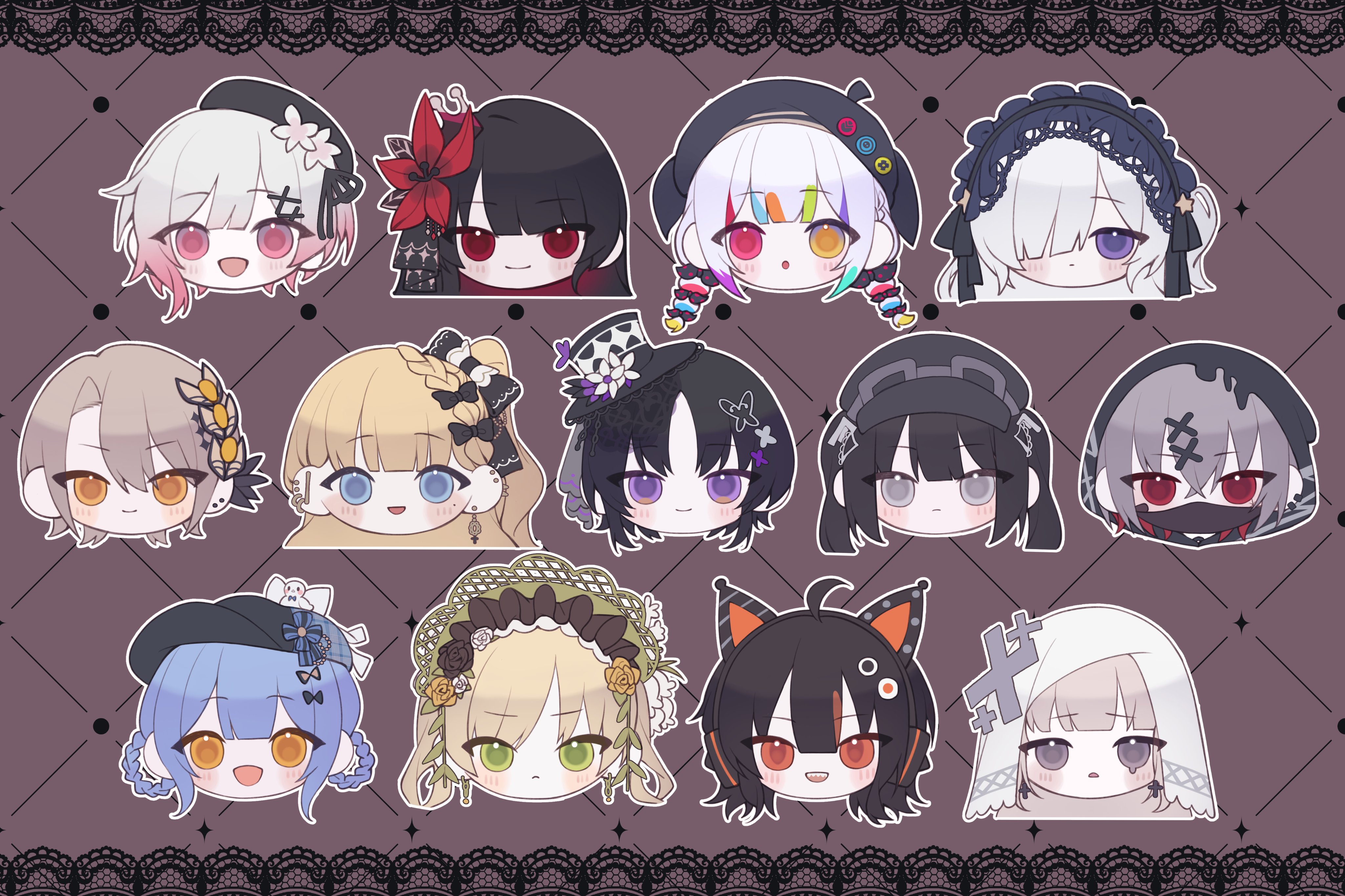 hikami meruru, houshou margo, jougasaki noa, natsume anan, nikaidou hiro, saeki miria, sakuraba ema, tachibana sherry, toono hanna, mahou shoujo no majo saiban, absurdres, commentary request, highres, 6+girls, :o, ahoge, animal ear headphones, animal ears, bandaid, bandaid on face, beret, bird hat ornament, black bow, black flower, black hat, black hood, black mask, black rose, blonde hair, blue eyes, bow, braid, braided hair rings, butterfly hair ornament, butterfly hat ornament, cat ear headphones, colored inner hair, cross, cross earrings, ear piercing, earrings, everyone, expressionless, eyeball hair ornament, fake animal ears, flower, goggles, goggles on headwear, gradient hair, green eyes, green hairband, grey eyes, hair ornament, hair over one eye, hair rings, hairband, hasumi reia, hat, hat flower, hat ornament, head only, headphones, hime cut, jewelry, kurobe nanoka, lolita hairband, looking at viewer, mini hat, mini top hat, mu (km mnsb), multicolored hair, multiple girls, newsboy cap, open mouth, orange eyes, piercing, pink eyes, pink hair, purple eyes, purple flower, purple hairband, red eyes, red flower, rose, sad, sawatari koko, sharp teeth, shitou arisa, single earring, smile, stitched face, stitches, teardrop, teeth, top hat, twintails, veil, white flower, white hair, white rose, white veil, x hair ornament, yellow flower, yellow rose