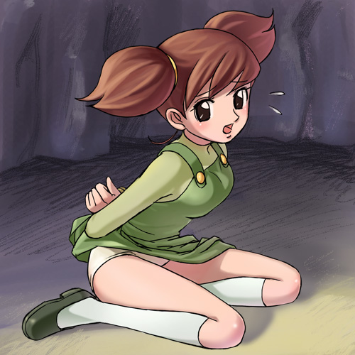 haruyama kazunori, otoko-chan, wanpaku tanteidan, lowres, 1girl, bdsm, bondage, bound, female focus, panties, pantyshot, solo, twintails, underwear