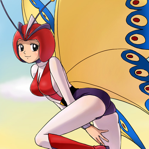 haruyama kazunori, ageha (microid s), microid s, toei company, lowres, 1970s (style), 1girl, antennae, brown eyes, butterfly wings, female focus, insect wings, oldschool, retro artstyle, solo, wings