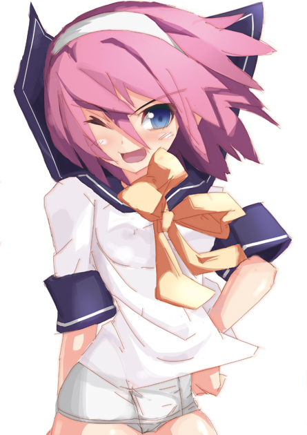 ooyama kina, original, 1girl, blue eyes, female focus, no pants, one-piece swimsuit, pink hair, school swimsuit, school uniform, serafuku, short hair, solo, swimsuit, swimsuit under clothes, white one-piece swimsuit, white school swimsuit