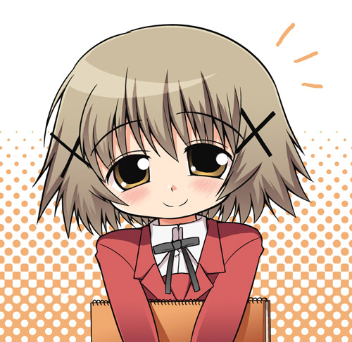 serebi ryousangata, sforce, yuno (hidamari sketch), hidamari sketch, lowres, 00s, 1girl, ^^^, blush, brown eyes, brown hair, female focus, hair ornament, holding, looking at viewer, school uniform, short hair, smile, solo, x hair ornament, yamabuki high school uniform, yellow eyes