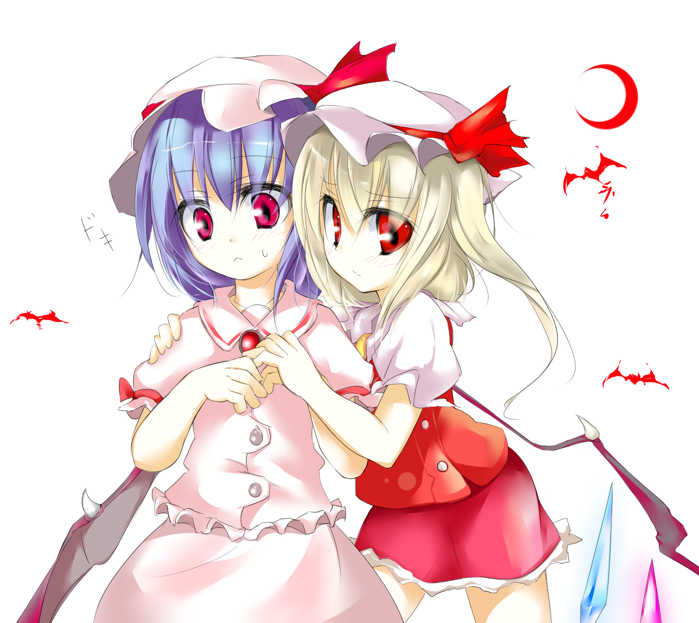 oouso, flandre scarlet, remilia scarlet, touhou, highres, 2girls, blouse, collared shirt, female focus, hat, mob cap, multiple girls, pink shirt, shirt, siblings, sisters, skirt, white background, white shirt