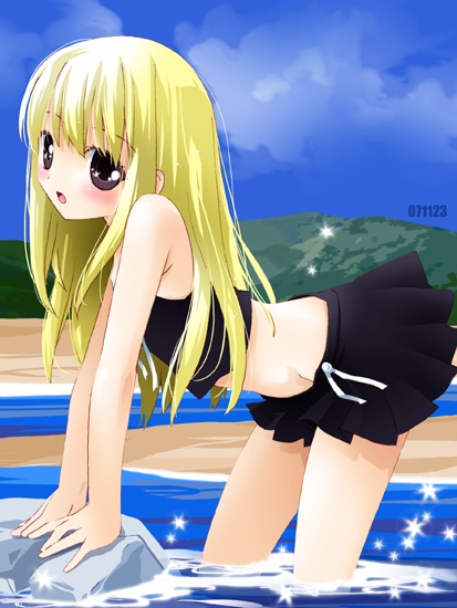 noto (soranoto), original, 1girl, :o, arm support, beach, bent over, bikini, bikini skirt, blonde hair, blush, day, female focus, long hair, ocean, outdoors, purple eyes, rock, sea spray, solo, swimsuit, tankini, wading, water