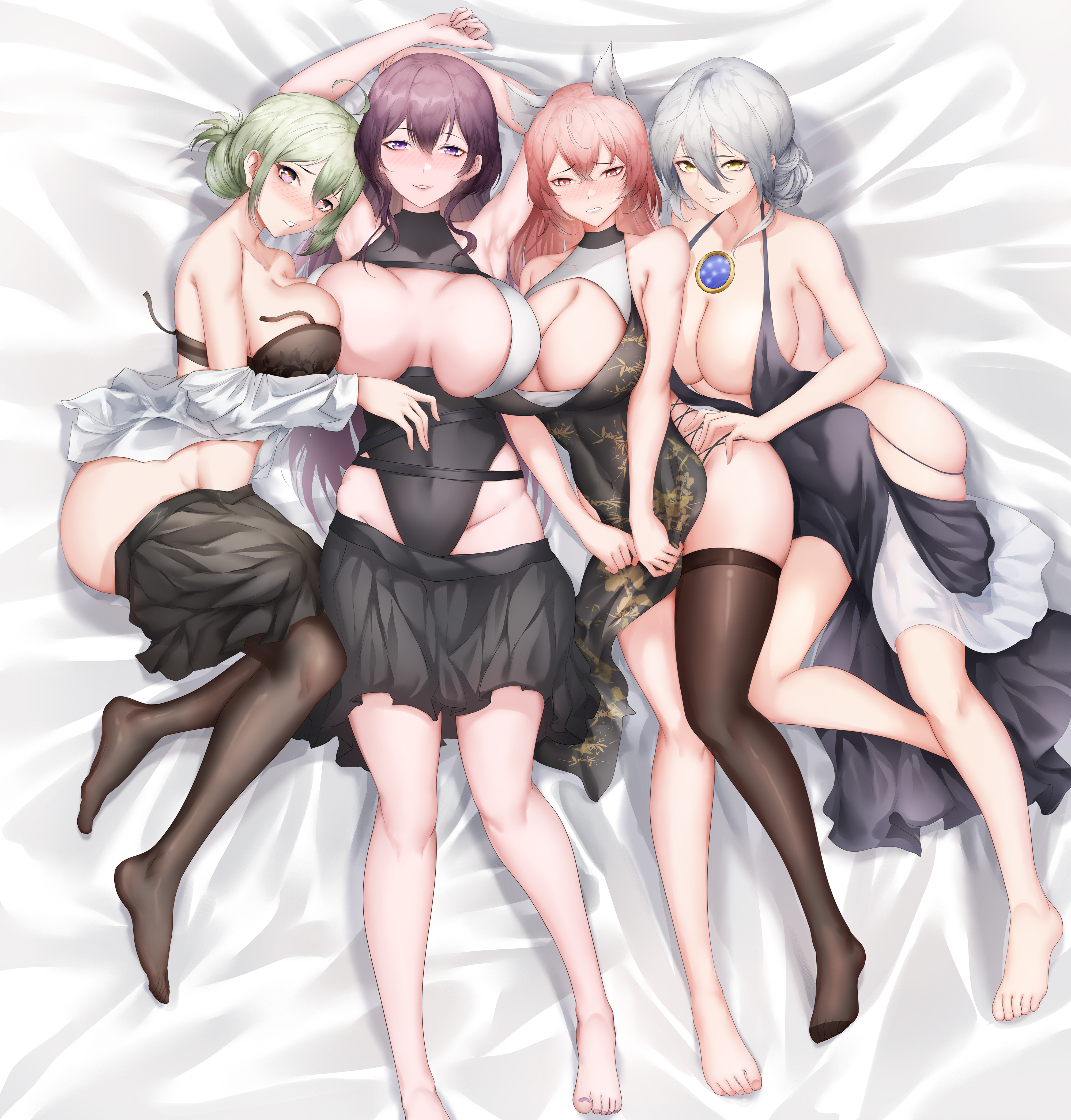 thatob, de lacey (neural cloud), eos (argent bergamasque) (neural cloud), eos (neural cloud), persicaria (neural cloud), girls' frontline, girls' frontline neural cloud, absurdres, chinese commentary, commentary, highres, 4girls, animal ear fluff, animal ears, armpits, arms behind head, bare shoulders, barefoot, black bra, black dress, black leotard, black pantyhose, black skirt, blue dress, blush, bra, breasts, china dress, chinese clothes, clothes pull, covered navel, dress, embarrassed, full body, green hair, grey eyes, grey hair, hair ornament, hand on another's thigh, jewelry, large breasts, legs, leotard, long hair, looking at viewer, lying, medium breasts, medium hair, multiple girls, necklace, official alternate costume, on bed, open clothes, open mouth, open shirt, pantyhose, parted lips, pink hair, presenting armpit, purple eyes, purple hair, red eyes, sangoma (neural cloud), school uniform, shirt, shirt pull, sideboob, sidelocks, simple background, single thighhigh, skirt, skirt pull, star-shaped pupils, star (symbol), symbol-shaped pupils, thighhighs, thighs, underwear, white shirt, yellow eyes