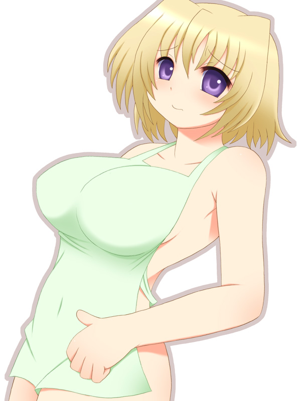 kurappii, shamal, lyrical nanoha, mahou shoujo lyrical nanoha, mahou shoujo lyrical nanoha a's, 00s, apron, blonde hair, breasts, huge breasts, naked apron, purple eyes, short hair, solo