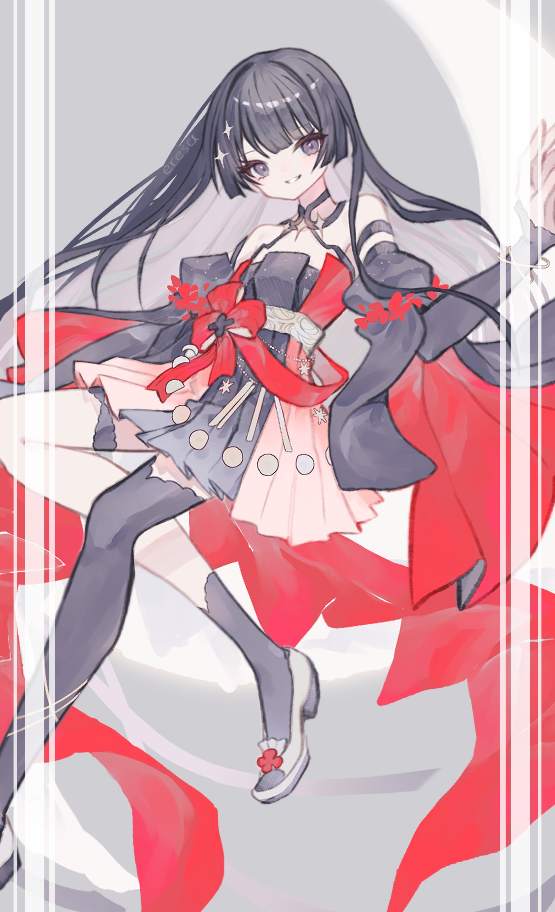 eresa, tsukino mito, nijisanji, absurdres, commentary request, highres, 1girl, artist name, asymmetrical legwear, bangle, bare shoulders, belt, black hair, bracelet, breasts, collared dress, colored inner hair, detached sleeves, dress, eyelashes, foot out of frame, gradient clothes, gradient dress, grey background, grey dress, grey eyes, grey hair, grey shoes, grey sleeves, grey socks, grey thighhighs, grin, hand up, jewelry, juliet sleeves, knee up, layered dress, leaning back, light blush, long hair, long sleeves, looking at viewer, multicolored hair, official alternate costume, official alternate hair color, pink dress, pleated dress, puffy sleeves, red dress, shoes, short dress, single sock, single thighhigh, sleeveless, sleeveless dress, sleeves past wrists, small breasts, smile, socks, solo, sparkle hair ornament, thighhighs, two-tone hair, uneven legwear, very long hair, virtual youtuber, watermark, white belt