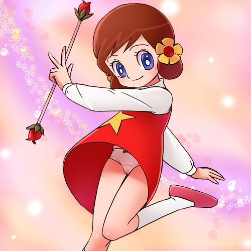 haruyama kazunori, chappy (mahou tsukai chappy), mahou tsukai chappy, toei company, lowres, 1970s (style), 1girl, dress, female focus, flower, loli, oldschool, panties, pantyshot, retro artstyle, shoes, socks, solo, underwear, wand