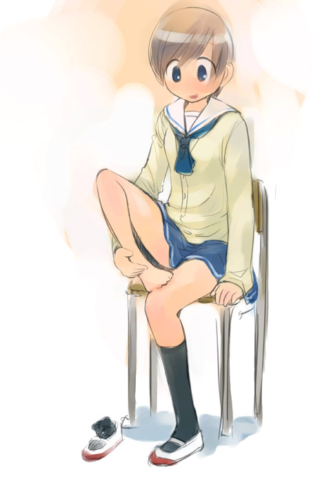ikeda jun (mizutamari), original, 1girl, barefoot, cardigan, chair, feet, female focus, on chair, open mouth, school uniform, serafuku, shoes, single shoe, single sock, sitting, smile, socks, solo, toes
