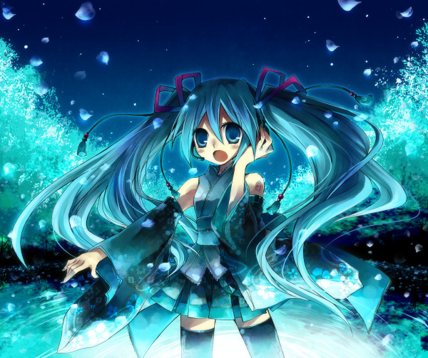 suzushiro kurumi, hatsune miku, vocaloid, 1girl, female focus, japanese clothes, long hair, solo, thighhighs, twintails, very long hair
