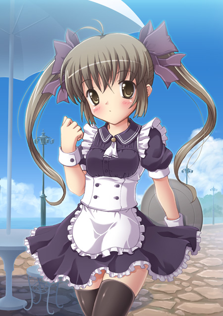 tagme, 1girl, female focus, ribbon, solo, thighhighs, twintails, waitress