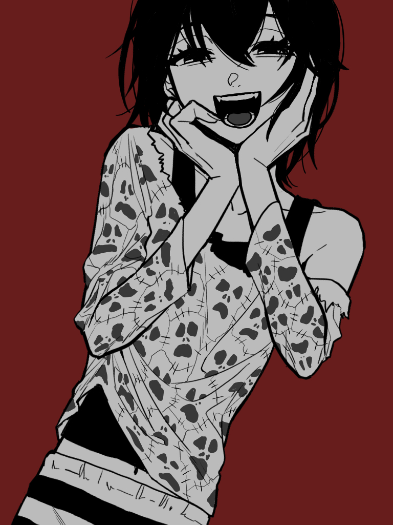 mashiro meme, mashiro meme (2nd costume), nijisanji, 1boy, eyelashes, fangs, goringo2828, greyscale with colored background, hands on own face, long sleeves, looking at viewer, male focus, midriff peek, navel peek, off shoulder, open mouth, print shirt, red background, shirt, short hair, simple background, smile, solo, tank top, teeth, virtual youtuber