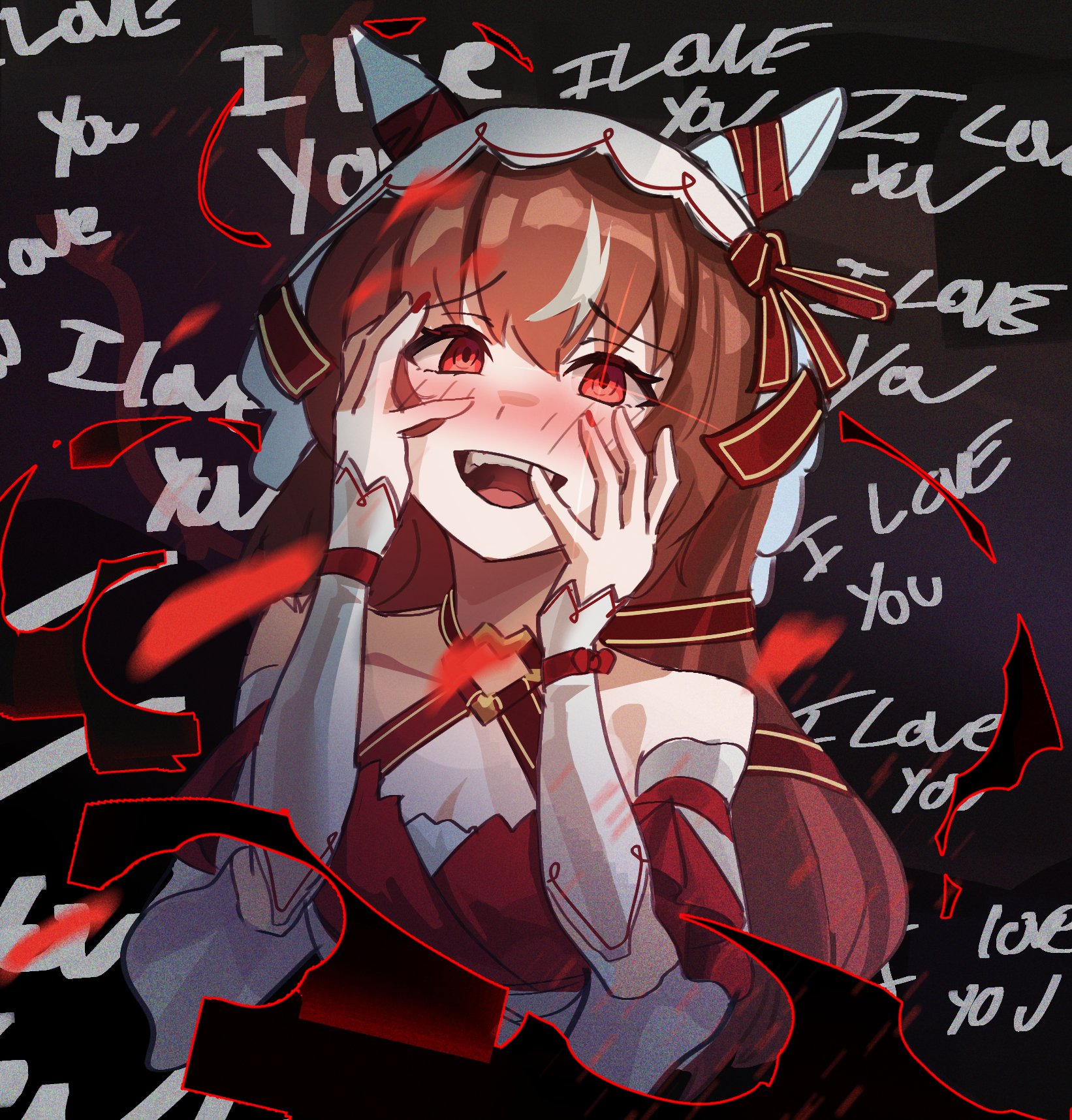 inakidayo, still in love (umamusume), umamusume, highres, animal ears, breasts, brown hair, collarbone, ear covers, english text, hair between eyes, hair ornament, horse ears, horse girl, red eyes, small breasts, upper body, veil, yandere, yandere trance