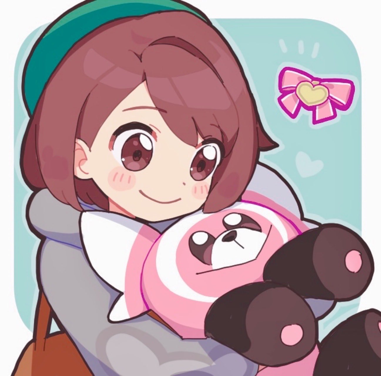 yama (toaru puyopuyo), gloria (pokemon), stufful, nintendo, pokemon, pokemon swsh, commentary, highres, symbol-only commentary, 1girl, brown eyes, brown hair, cardigan, closed mouth, gen 7 pokemon, green hat, grey cardigan, hat, holding, holding pokemon, long sleeves, looking at another, pokemon (creature), short hair, smile, upper body