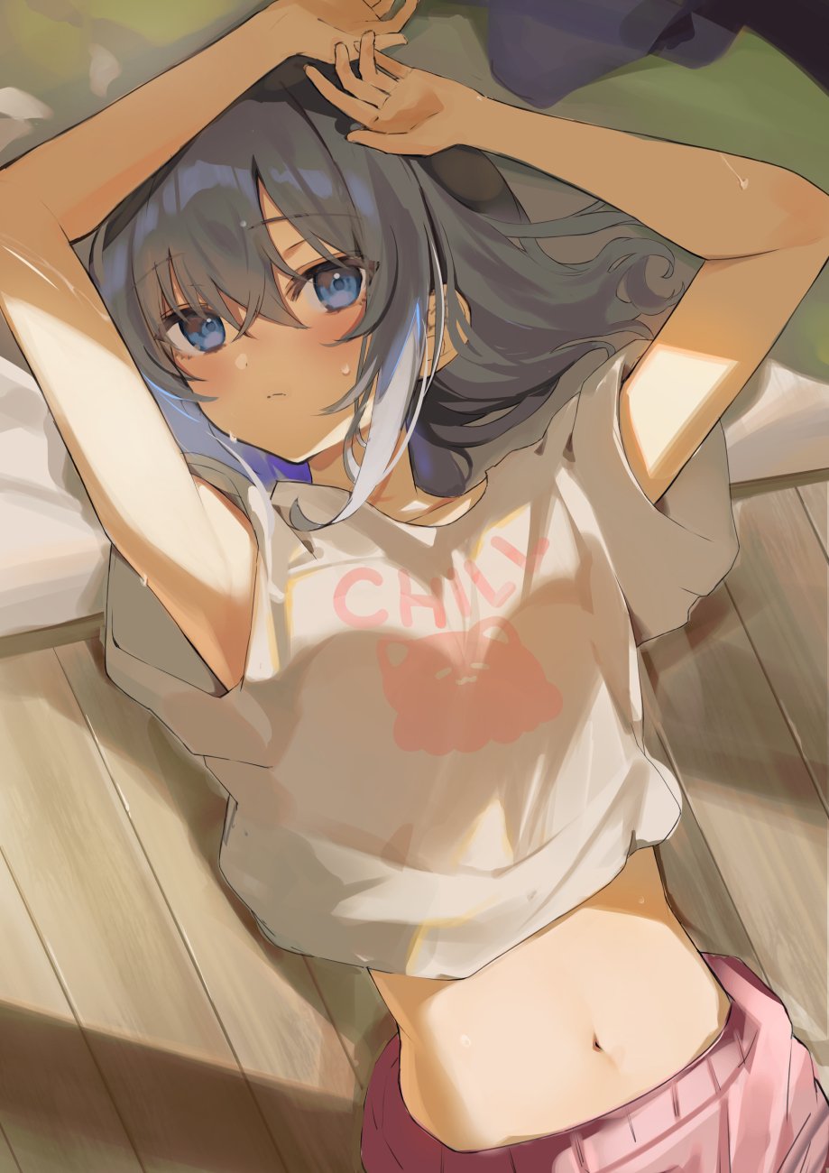 kanda done, original, commentary request, highres, 1girl, arms up, blue eyes, closed mouth, crossed bangs, grey hair, hair between eyes, hair spread out, light blush, long bangs, long hair, looking at viewer, lying, midriff, navel, on back, on floor, pants, pink pants, print shirt, shirt, short sleeves, solo, sweat, t-shirt, white shirt, wide sleeves, wooden floor