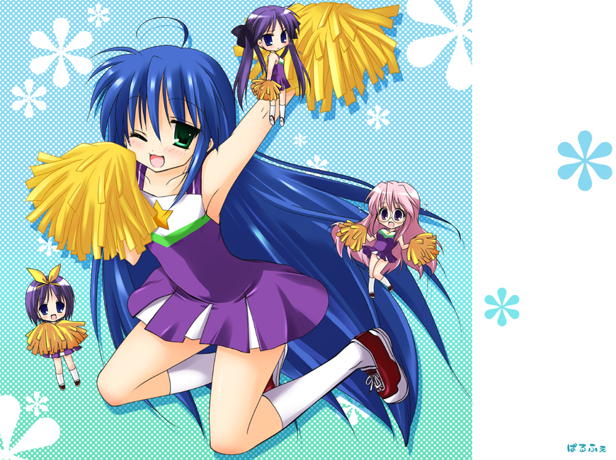 hayashi sakura, hiiragi kagami, hiiragi tsukasa, izumi konata, takara miyuki, lucky star, white legwear, 00s, 4girls, ;d, ahoge, armpits, bare shoulders, blue background, blue hair, cheerleader, chibi, green eyes, jumping, kneehighs, long hair, looking at viewer, mini person, minigirl, multiple girls, one eye closed, open mouth, pom pom (cheerleading), shoes, siblings, simple background, sisters, size difference, smile, sneakers, socks, twins, very long hair