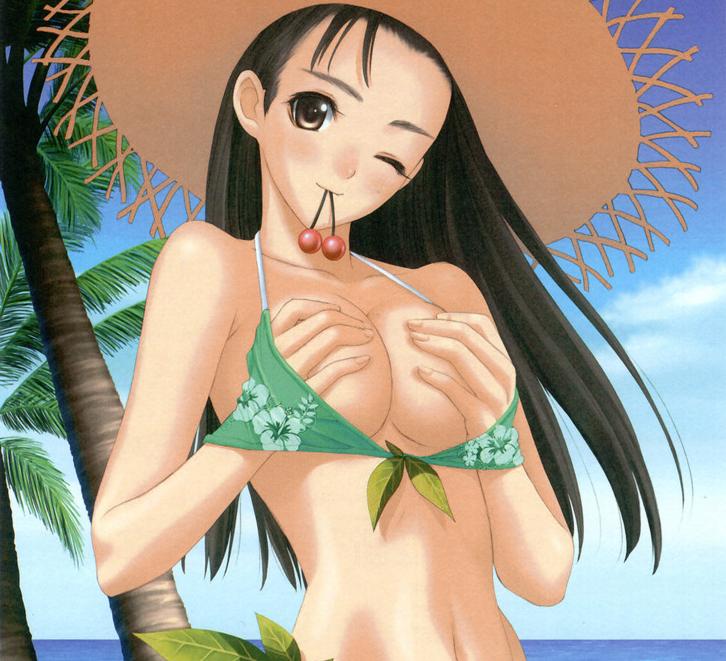 tony taka, 1girl, bikini, black hair, breasts, breasts squeezed together, day, female focus, green bikini, large breasts, long hair, mouth hold, one eye closed, solo, swimsuit, wink