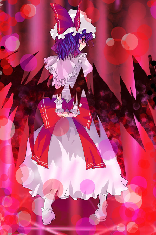 remilia scarlet, touhou, 1girl, bat wings, dress, female focus, frills, from behind, full body, hat, mob cap, pigeon-toed, puffy short sleeves, puffy sleeves, purple hair, shaded face, short hair, short sleeves, solo, standing, white dress, wings