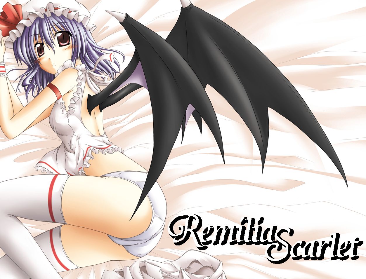 kirisaki byakko, remilia scarlet, touhou, 1girl, ass, bat wings, female focus, hat, no pants, panties, purple hair, short hair, solo, thighhighs, underwear, white panties, wings
