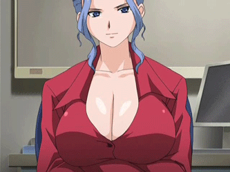 makimura ryouko, tokubetsu byoutou, breast hold, animated, animated gif, anime screenshot, lowres, 00s, 1girl, blue eyes, blue hair, bouncing breasts, breasts, breasts squeezed together, business suit, cleavage, crossed arms, formal clothes, hair up, huge breasts, large breasts, mature female, open clothes, open shirt, shirt, suit