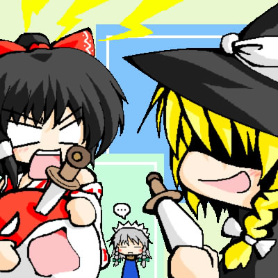 kirisaki byakko, hakurei reimu, izayoi sakuya, kirisame marisa, polandball, touhou, silver hair, lowres, …, 3girls, :o, angry, black hair, blonde hair, bow, braid, dagger, empty eyes, evil smile, female focus, frills, hair bow, hat, knife, maid headdress, multiple girls, open mouth, ponytail, red bow, shaded face, single braid, smile, spoken ellipsis, surprised, weapon, witch hat