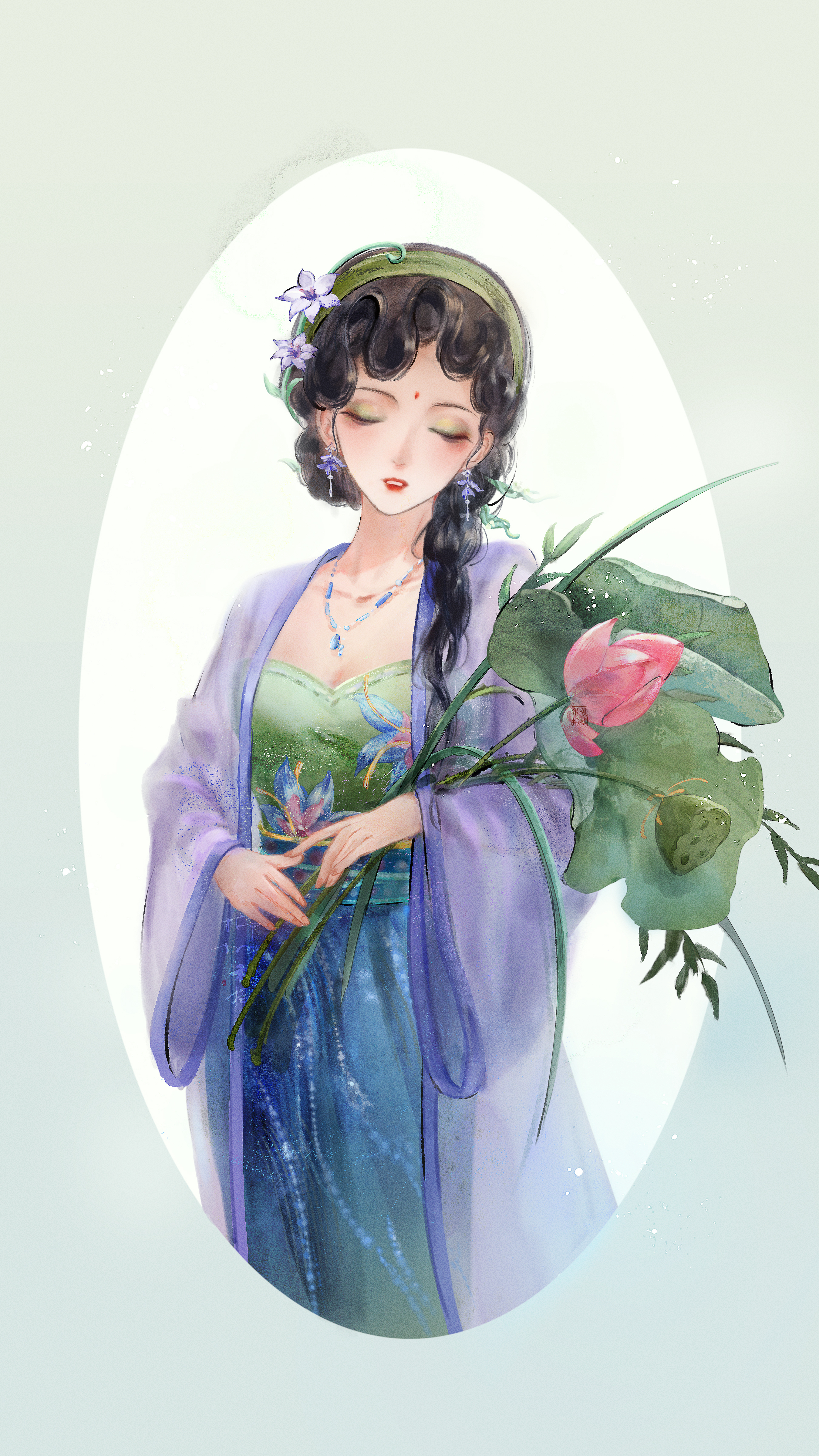 infinity nikki, nikki (series), absurdres, chinese commentary, commentary request, highres, 1girl, black hair, border, breasts, chinese clothes, cleavage, closed eyes, collarbone, earrings, eyelashes, eyeshadow, facial mark, feet out of frame, flower, flower earrings, forehead mark, gradient border, green border, green eyeshadow, green hairband, hair flower, hair ornament, hair over shoulder, hairband, hanfu, holding, holding flower, holding plant, jewelry, lily pad, lipstick, liuxianghezhao, long hair, long sleeves, lotus fate (infinity nikki), makeup, neck, outside border, parted lips, pink flower, plant, purple flower, purple robe, red lips, ribbon trim, robe, round border, see-through clothes, see-through sleeves, smile, solo, teeth, water lily flower, wavy hair, white background, wide sleeves