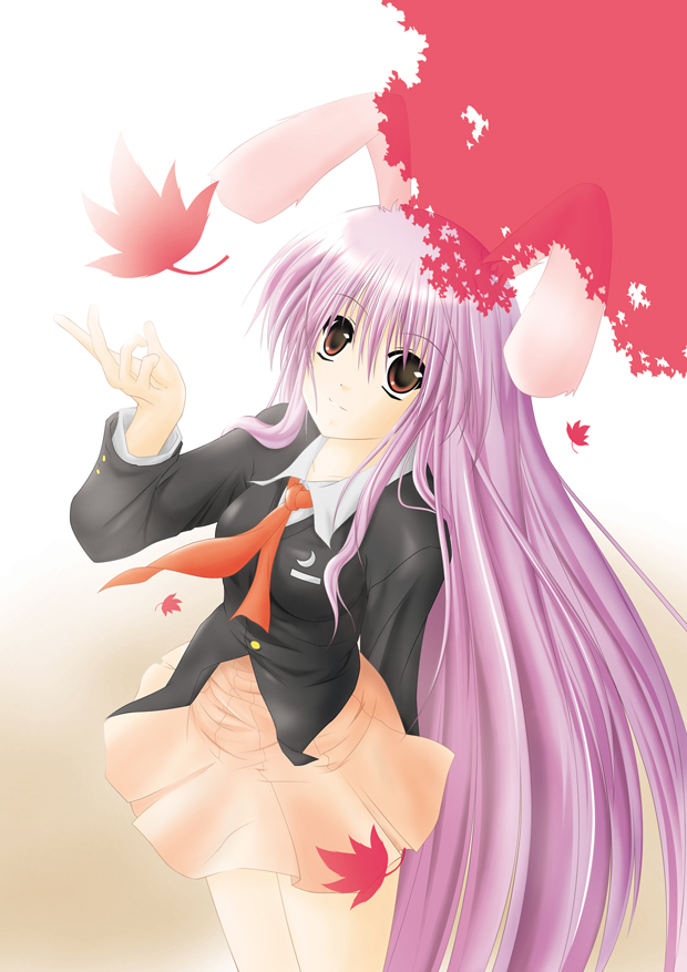 reisen udongein inaba, touhou, 1girl, animal ears, arm behind back, falling leaves, female focus, hair between eyes, leaf, long hair, miniskirt, necktie, rabbit ears, red necktie, skirt, solo, very long hair