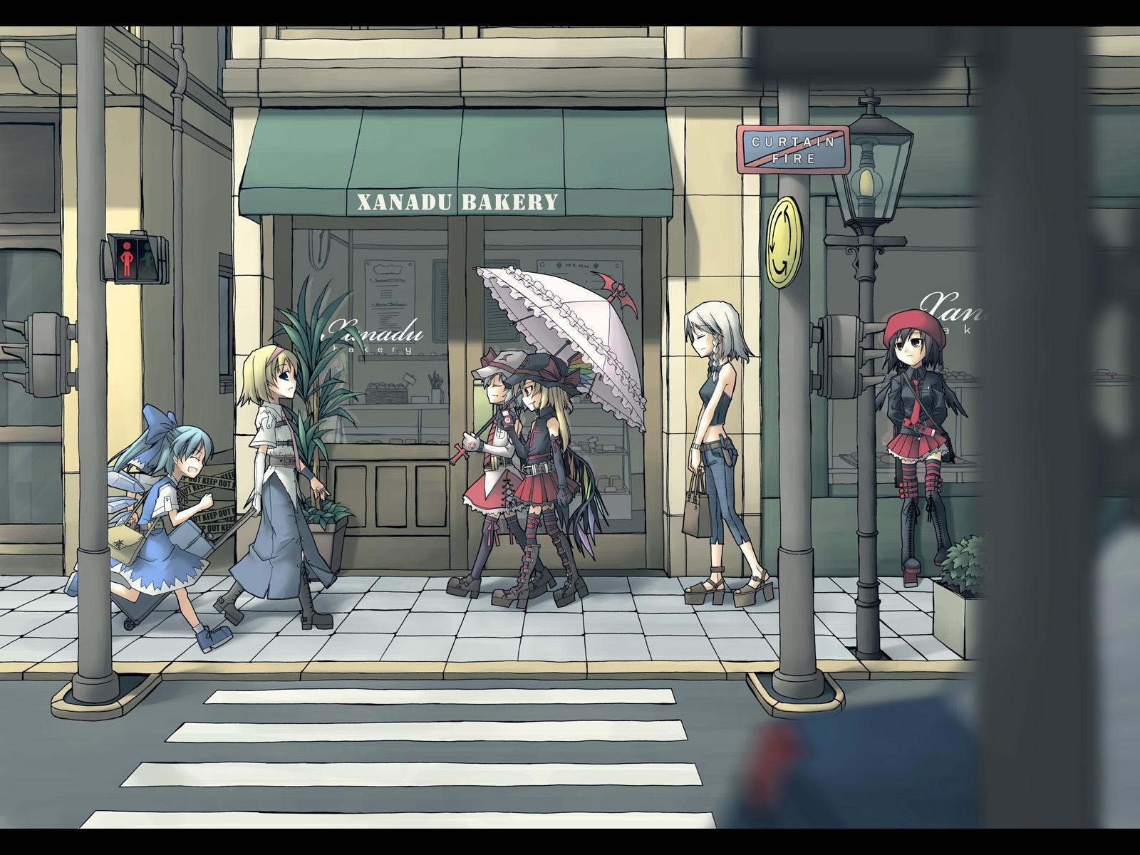 akakage red, red (artist), alice margatroid, cirno, flandre scarlet, izayoi sakuya, remilia scarlet, shameimaru aya, touhou, cross-laced footwear, highres, jpeg artifacts, 6+girls, adapted costume, alternate costume, alternate wings, bag, bakery, belt, black wings, blurry, boots, casual, caution tape, cellphone, contemporary, crosswalk, denim, depth of field, everyone, female focus, goth fashion, gothic lolita, holding, holding umbrella, jeans, keep out, letterboxed, lolita fashion, midriff, miniskirt, multiple girls, necktie, outdoors, pants, parasol, pavement, phone, plant, pleated skirt, ponytail, punk, road, road sign, satchel, shop, siblings, sign, sisters, skirt, street, thighhighs, umbrella, wings, zettai ryouiki