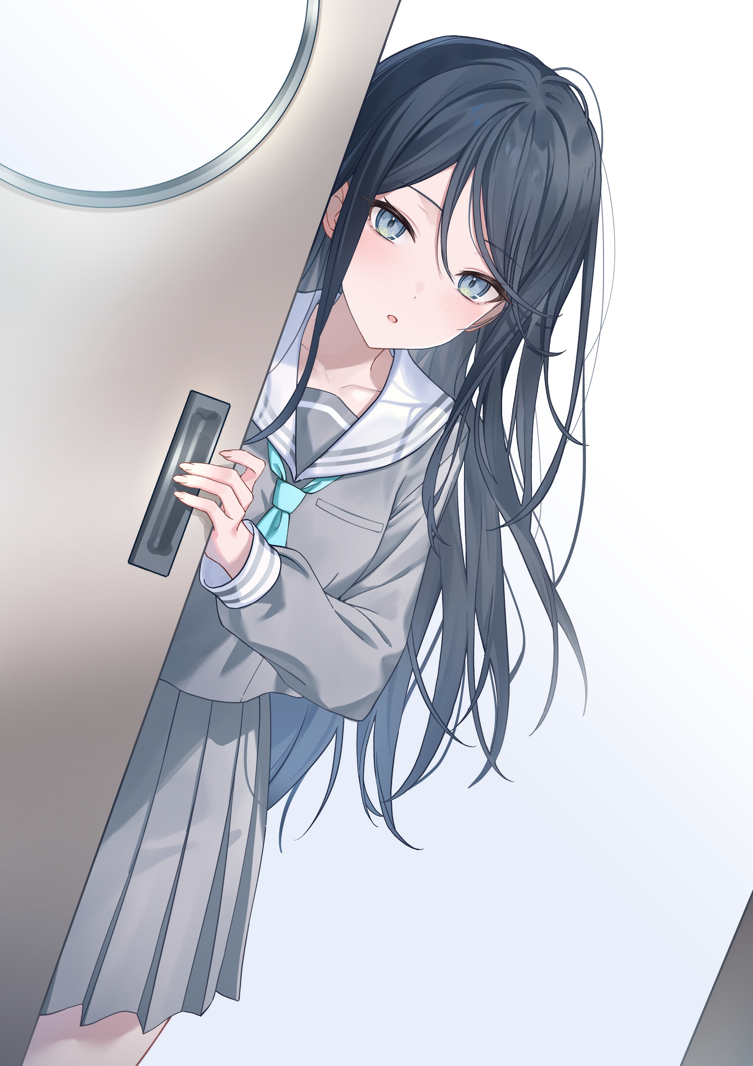 timmoo, hoshino ichika (project sekai), project sekai, absurdres, highres, 1girl, :o, aqua neckerchief, black hair, blush, collarbone, dutch angle, grey eyes, grey shirt, long sleeves, neckerchief, pleated skirt, sailor collar, school uniform, serafuku, shirt, sidelocks, skirt, sliding doors, solo, swept bangs, white sailor collar