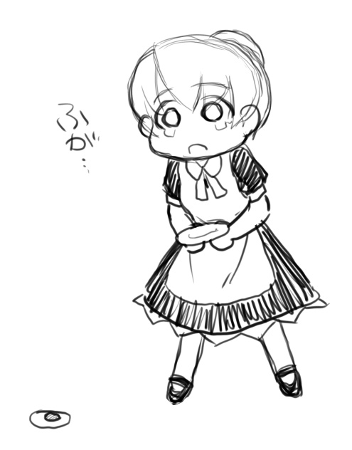 kamatori pokari, past gadget, flandre (kaibutsu oujo), kaibutsu oujo, 00s, 1girl, android, female focus, full body, maid, monochrome, simple background, solo