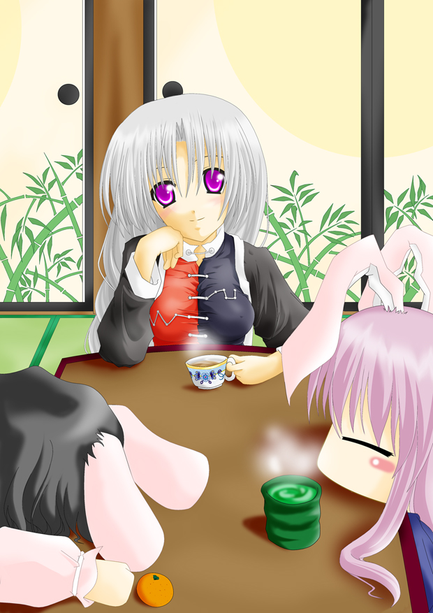 kirisaki byakko, inaba tewi, reisen udongein inaba, yagokoro eirin, touhou, 3girls, animal ears, black hair, blush stickers, closed eyes, cup, female focus, food, fruit, fusuma, grey hair, hair between eyes, long hair, long sleeves, looking at viewer, mandarin orange, multiple girls, outdoors, pink eyes, pink hair, rabbit ears, short hair, sliding doors, smile, teacup