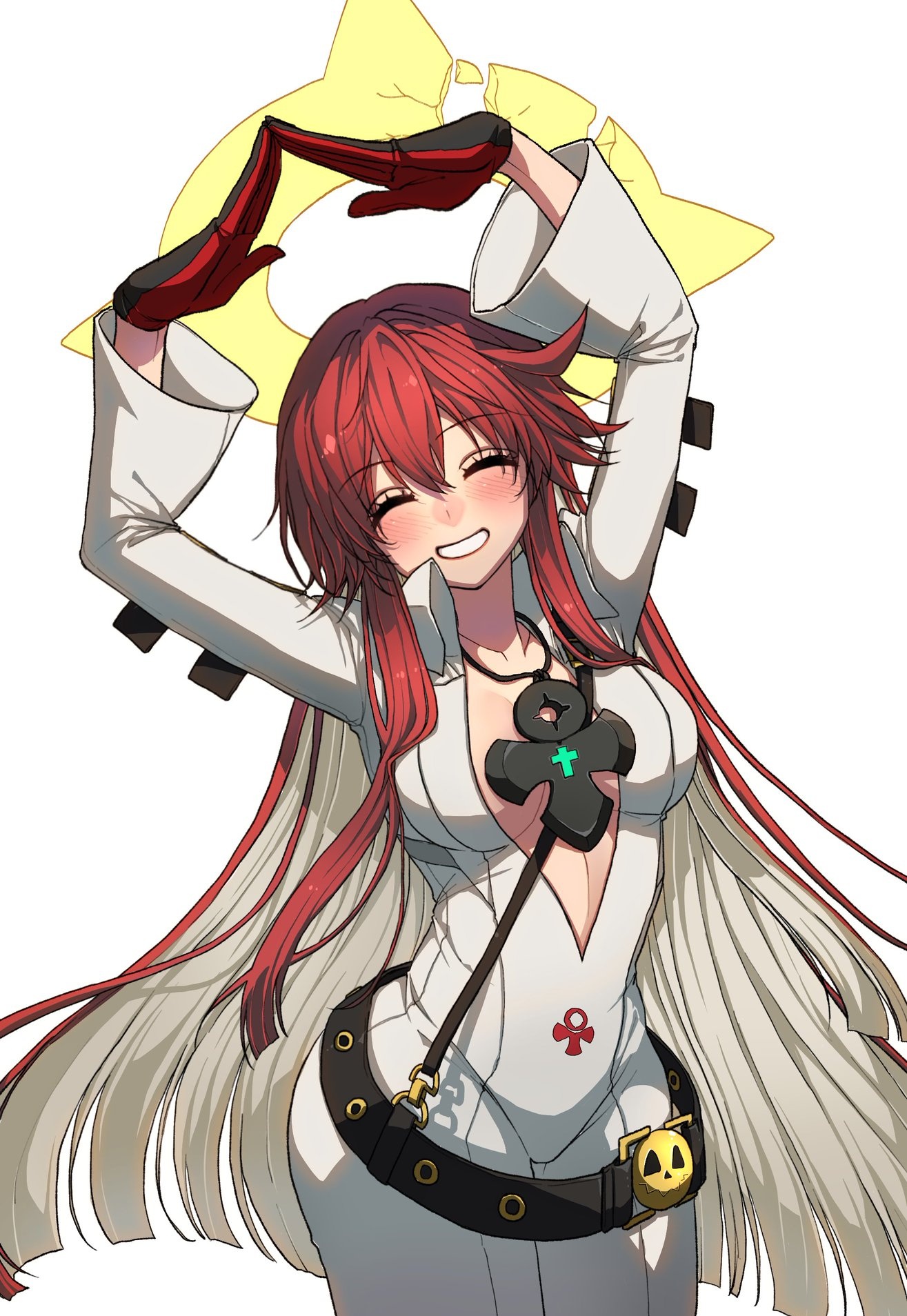 ebi pri shrimp, jack-o' valentine, guilty gear, guilty gear strive, highres, 1girl, belt, bodysuit, breasts, closed eyes, cropped legs, facing viewer, gloves, grin, hair between eyes, halo, long hair, medium breasts, multicolored hair, open clothes, red hair, smile, solo, spiked halo, two-tone hair, white bodysuit, white hair
