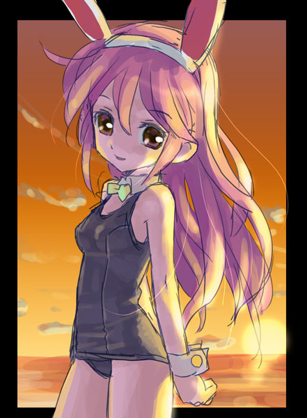 katahira masashi, original, 1girl, animal ears, black one-piece swimsuit, cowboy shot, day, fake animal ears, female focus, leotard, long hair, old school swimsuit, one-piece swimsuit, outdoors, outside border, playboy bunny, playboy bunny swimsuit, rabbit ears, school swimsuit, solo, sunset, swimsuit, wrist cuffs