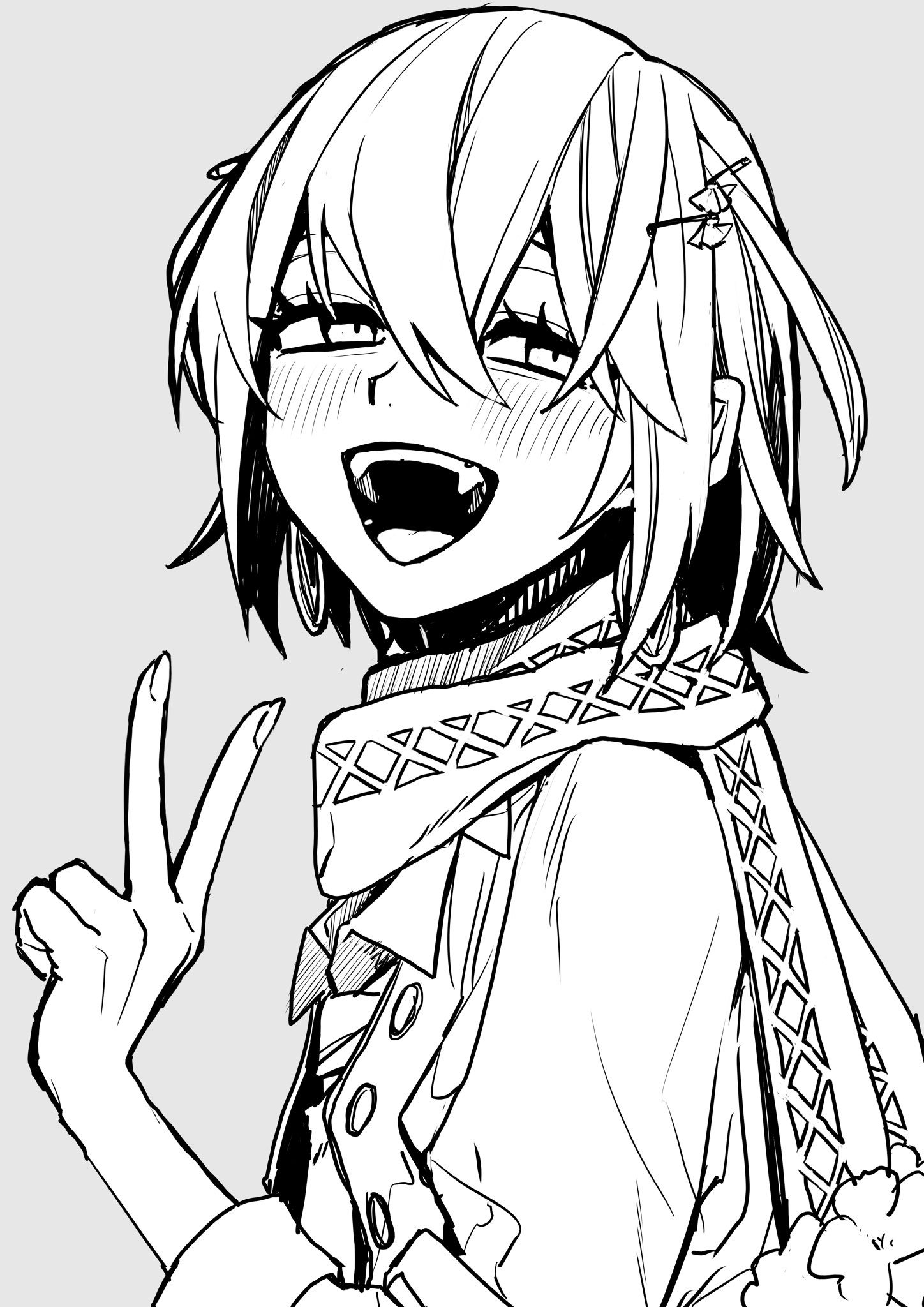 mashiro meme, mashiro meme (1st costume), nijisanji, highres, 1boy, blush, coat, eyelashes, fangs, goringo2828, grey background, greyscale, hair between eyes, looking at viewer, male focus, monochrome, open mouth, safety pin hair ornament, scarf, short hair, simple background, smile, solo, teeth, two side up, upper body, v, virtual youtuber