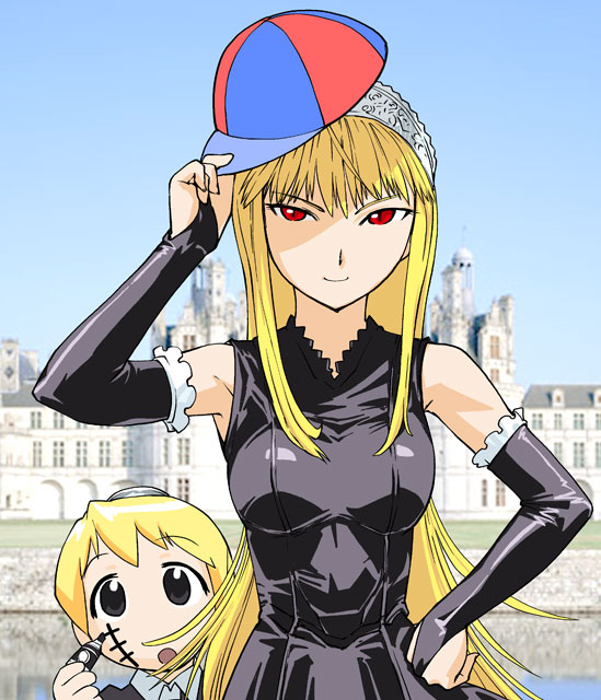 ueyama michirou, flandre (kaibutsu oujo), hime (kaibutsu oujo), kaibutsu-kun, kaibutsu oujo, 2girls, android, black eyes, blonde hair, dress, female focus, gloves, hat, maid, multiple girls, outdoors, parody, red eyes, sky, standing, tiara