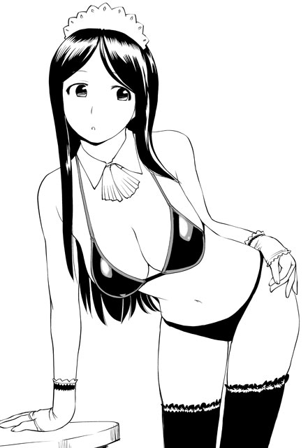 ueyama michirou, hiyorimi sawawa, kaibutsu oujo, 00s, 1girl, bikini, breasts, cleavage, female focus, fingerless gloves, gloves, maid, monochrome, simple background, solo, swimsuit, thighhighs
