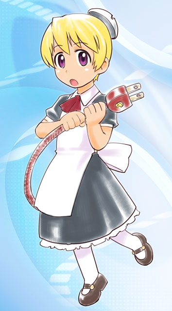 ueyama michirou, flandre (kaibutsu oujo), kaibutsu oujo, 00s, 1girl, android, blonde hair, female focus, full body, maid, purple eyes, shoes, solo, standing