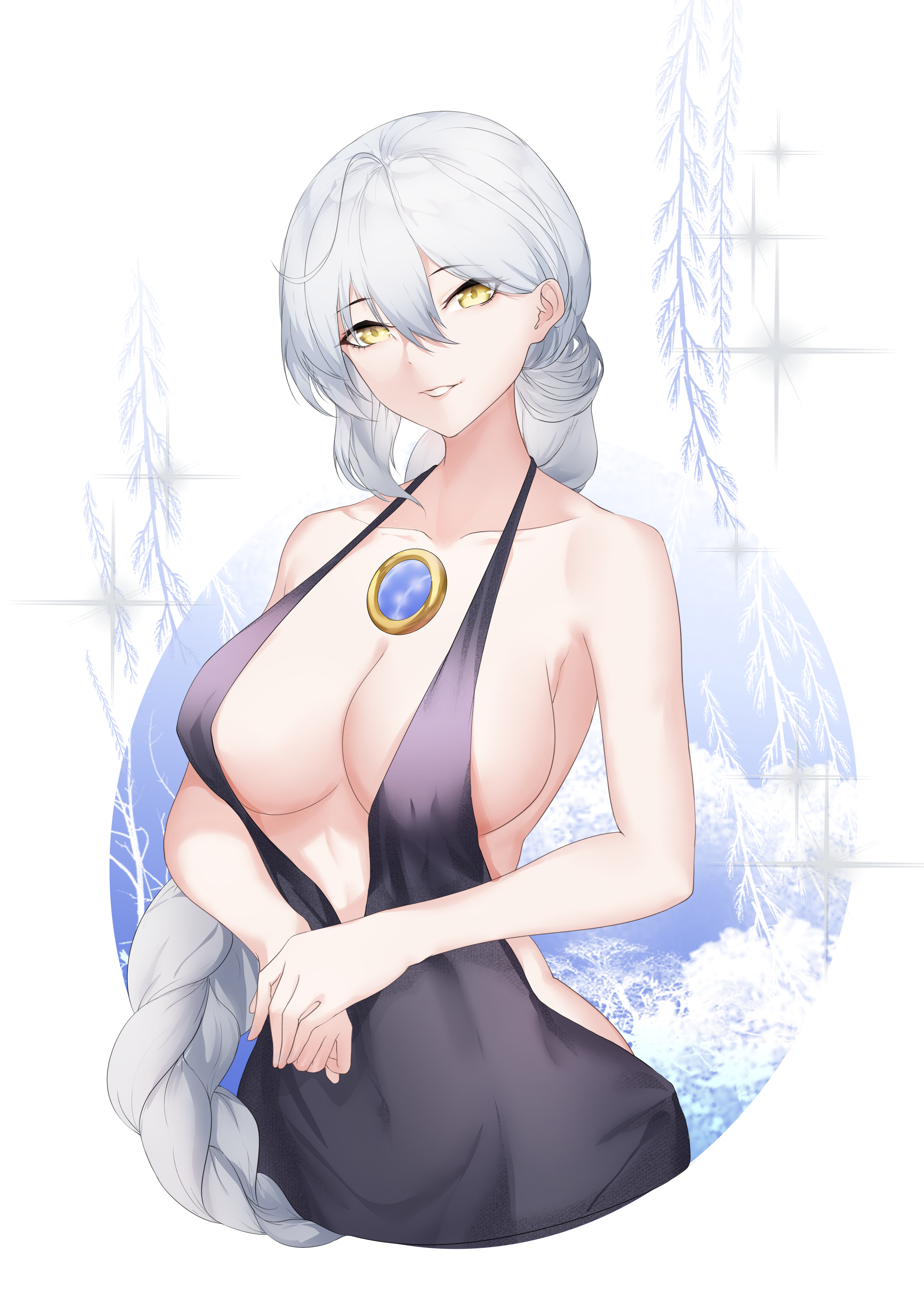 thatob, eos (argent bergamasque) (neural cloud), eos (neural cloud), girls' frontline, girls' frontline neural cloud, absurdres, chinese commentary, commentary, highres, 1girl, bare shoulders, braid, braided ponytail, breasts, cleavage, collarbone, covered navel, dress, feet out of frame, floral background, grey hair, light smile, long braid, long hair, looking at viewer, medium breasts, official alternate costume, open mouth, parted lips, purple dress, solo, standing, white background, yellow eyes