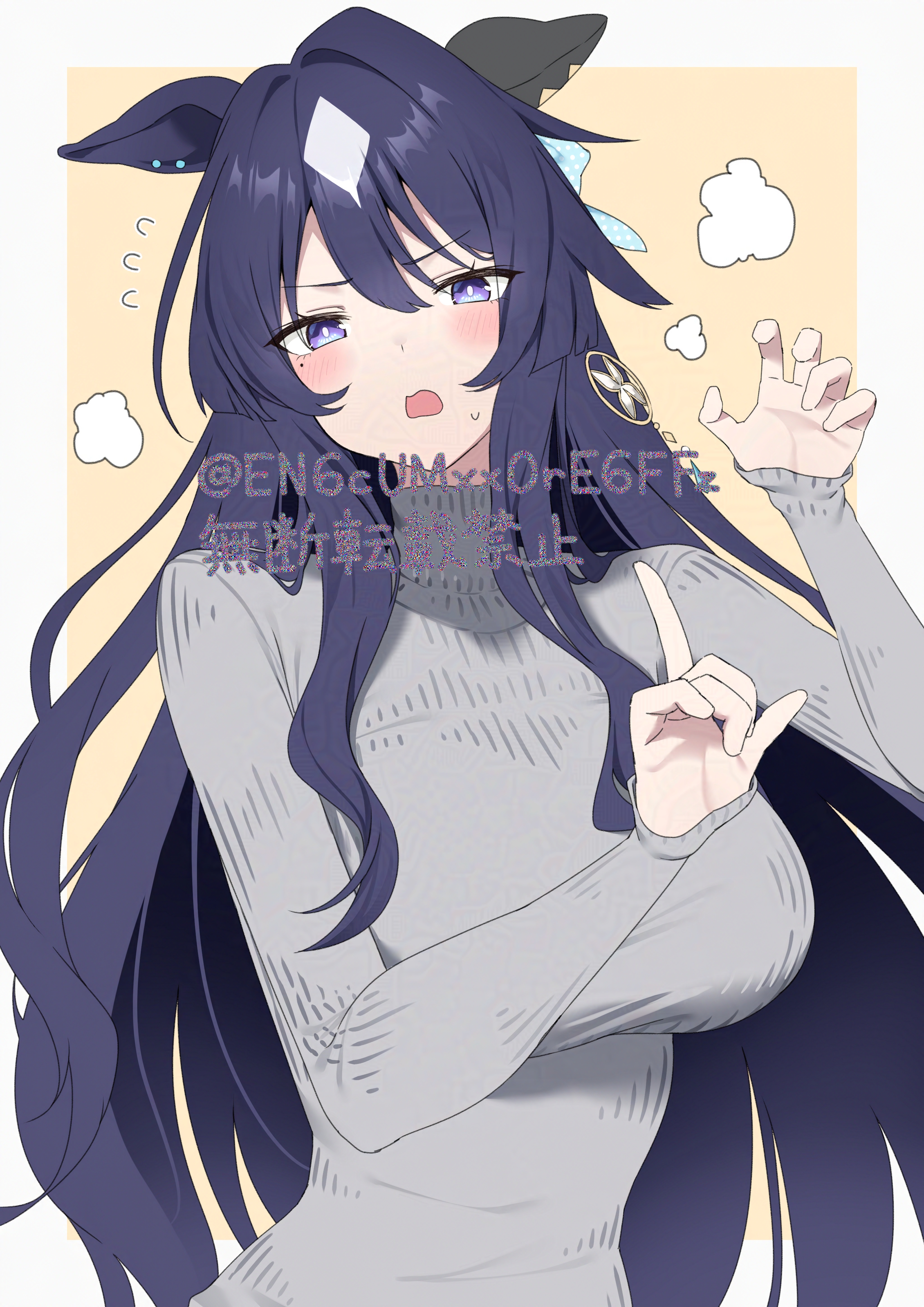 yamano rokamizu, verxina (umamusume), umamusume, absurdres, commentary, highres, 1girl, alternate costume, animal ears, blue eyes, blue hair, blush, border, breasts, bright pupils, casual, claw pose, copyright notice, curled fingers, d:, diamond (shape), ear covers, ear ornament, ear piercing, ears down, embarrassed, flying sweatdrops, furrowed brow, grey sweater, hair between eyes, hands up, horse ears, horse girl, index finger raised, large breasts, long hair, long sleeves, looking at viewer, mole, mole under eye, open mouth, outside border, piercing, puff of air, ribbed sweater, sidelocks, single ear cover, sleeves past wrists, solo, sweatdrop, sweater, turtleneck, turtleneck sweater, twitter username, upper body, white border, white pupils, yellow background