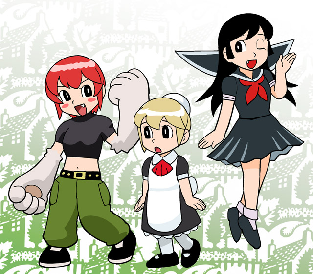 ueyama michirou, flandre (kaibutsu oujo), kamura reiri, riza wildman, kaibutsu oujo, 00s, 3girls, android, animal hands, black eyes, black hair, blonde hair, cargo pants, crop top, fang, female focus, full body, maid, multiple girls, navel, pants, red hair, school uniform, serafuku, short hair, standing, vampire