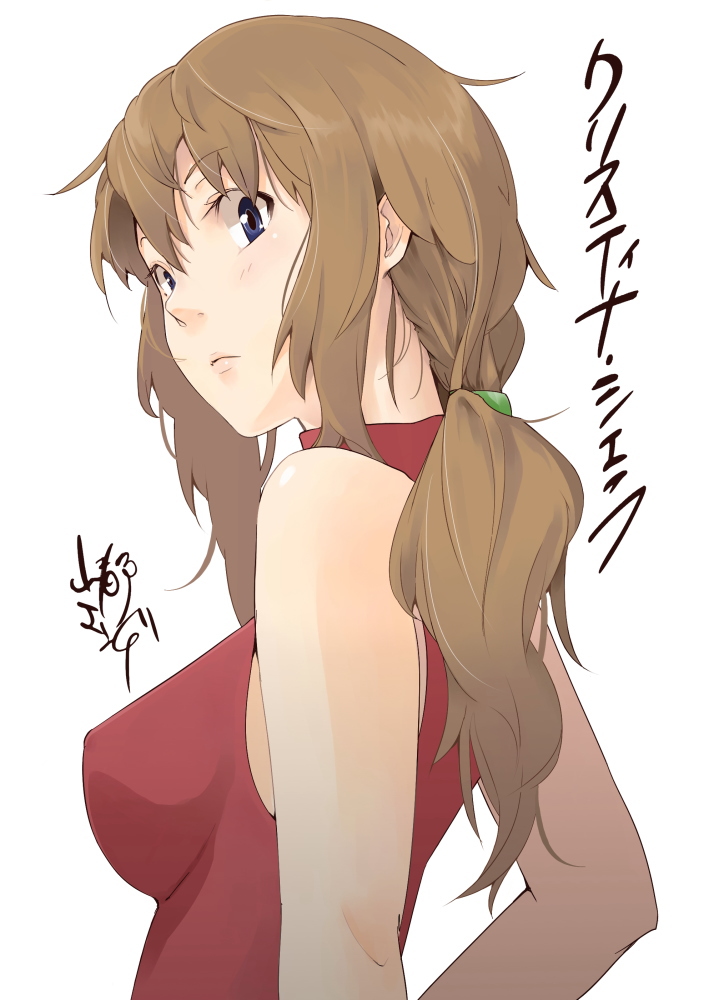 yamamoto enji, christina sierra, gundam, gundam 00, 00s, 1girl, breasts, female focus, from behind, large breasts, long hair, looking afar, looking back, ponytail, simple background, skin tight, sleeveless, solo, tank top, text focus, white background