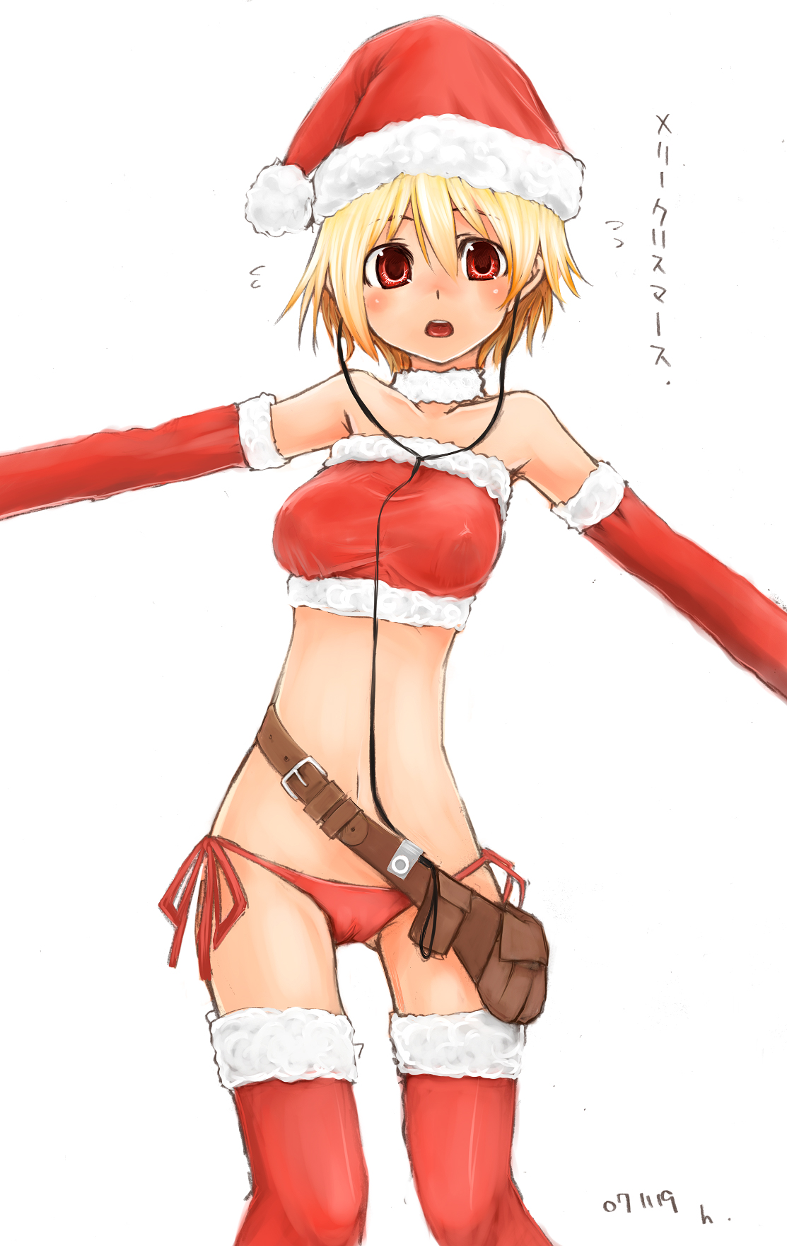 h (158cm), ipod shuffle, original, highres, 1girl, blonde hair, christmas, earbuds, earphones, elbow gloves, female focus, gloves, ipod shuffle 2g, lowleg, lowleg panties, panties, red eyes, red gloves, santa costume, short hair, side-tie panties, solo, thighhighs, underwear