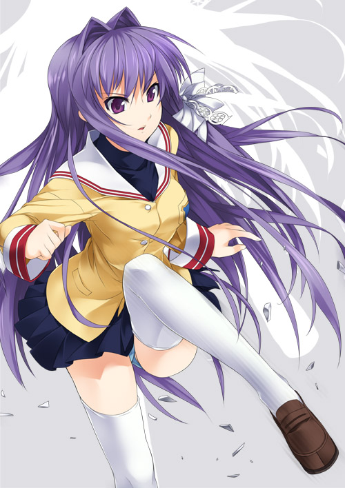 mizuki makoto, fujibayashi kyou, clannad, 00s, 1girl, artistic error, female focus, panties, pantyshot, purple eyes, purple hair, school uniform, serafuku, solo, thighhighs, underwear, zettai ryouiki