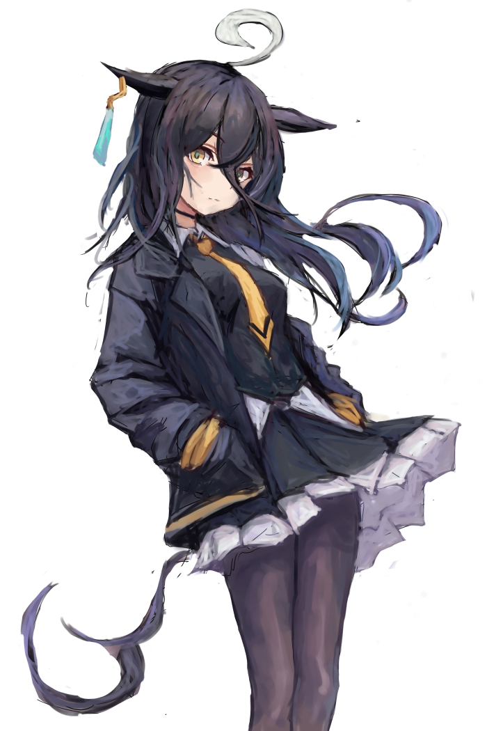 yanagi wakana, manhattan cafe (umamusume), umamusume, 1girl, ahoge, animal ears, black choker, black hair, black jacket, black pantyhose, black shirt, black skirt, blush, choker, closed mouth, collared shirt, ear tag, earrings, hair between eyes, hands in pockets, horse ears, horse girl, horse tail, jacket, jewelry, long bangs, long hair, long hair between eyes, long sleeves, looking at viewer, multicolored hair, necktie, open clothes, open jacket, pantyhose, pleated skirt, shirt, simple background, single earring, skirt, solo, tail, white background, white hair, yellow eyes, yellow necktie