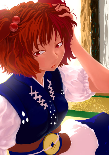 kiriu, onozuka komachi, touhou, 1girl, arm up, female focus, hair bobbles, hair ornament, lips, puffy short sleeves, puffy sleeves, red eyes, ruffling hair, sash, short hair, short sleeves, sitting, skirt, solo, twintails, two side up