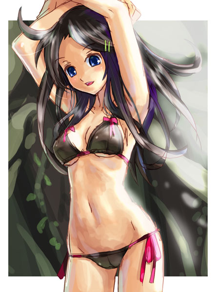 katahira masashi, 1girl, arms up, bikini, black hair, blue eyes, cowboy shot, female focus, hair ornament, hairpin, long hair, outside border, side-tie bikini bottom, solo, swimsuit