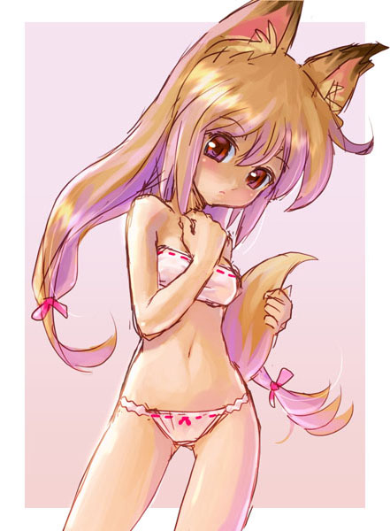 katahira masashi, 1girl, animal ears, bare shoulders, bra, brown hair, cowboy shot, female focus, fox ears, fox tail, lingerie, panties, red eyes, solo, stomach, tail, twintails, underwear, underwear only