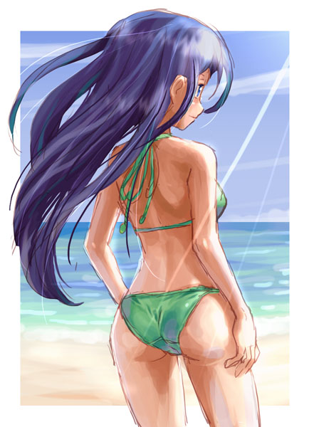 katahira masashi, copyright request, 1girl, beach, bikini, cowboy shot, day, female focus, green bikini, halterneck, ocean, outdoors, outside border, sky, solo, swimsuit, water