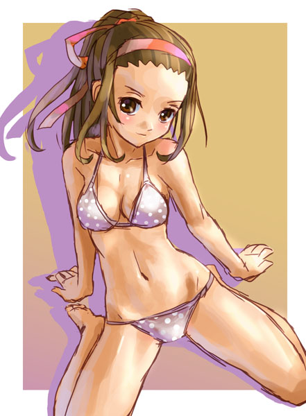 katahira masashi, barefoot, bikini, hairband, midriff, polka dot, polka dot bikini, polka dot swimsuit, ponytail, solo, swimsuit