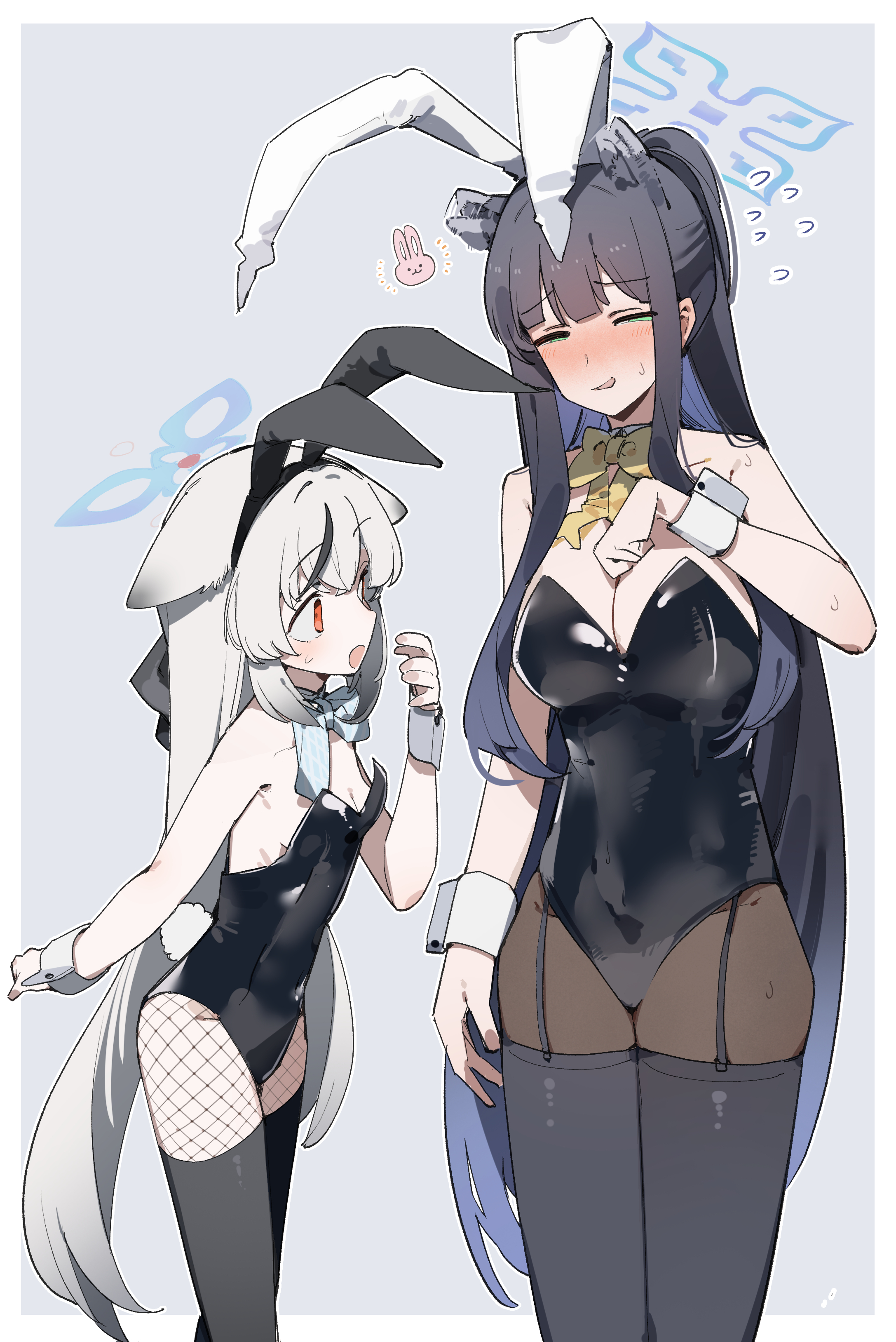 maton 3110, kokona (blue archive), shun (blue archive), blue archive, absurdres, commentary, highres, 2girls, alternate costume, animal ears, bare shoulders, black hair, black leotard, black thighhighs, blush, bow, bowtie, breasts, brown pantyhose, cleavage, detached collar, fake animal ears, fake tail, fishnet pantyhose, fishnets, flying sweatdrops, garter straps, green eyes, grey hair, halo, large breasts, leotard, long hair, multiple girls, nose blush, open mouth, pantyhose, playboy bunny, rabbit ears, rabbit tail, small breasts, strapless, strapless leotard, sweat, tail, thighhighs, thighhighs over pantyhose, very long hair, wrist cuffs